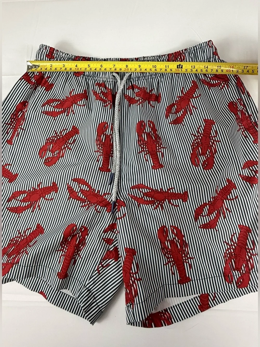 RAINFOREST Men's Red Lobster Print Swim Trunks on Navy Stripe